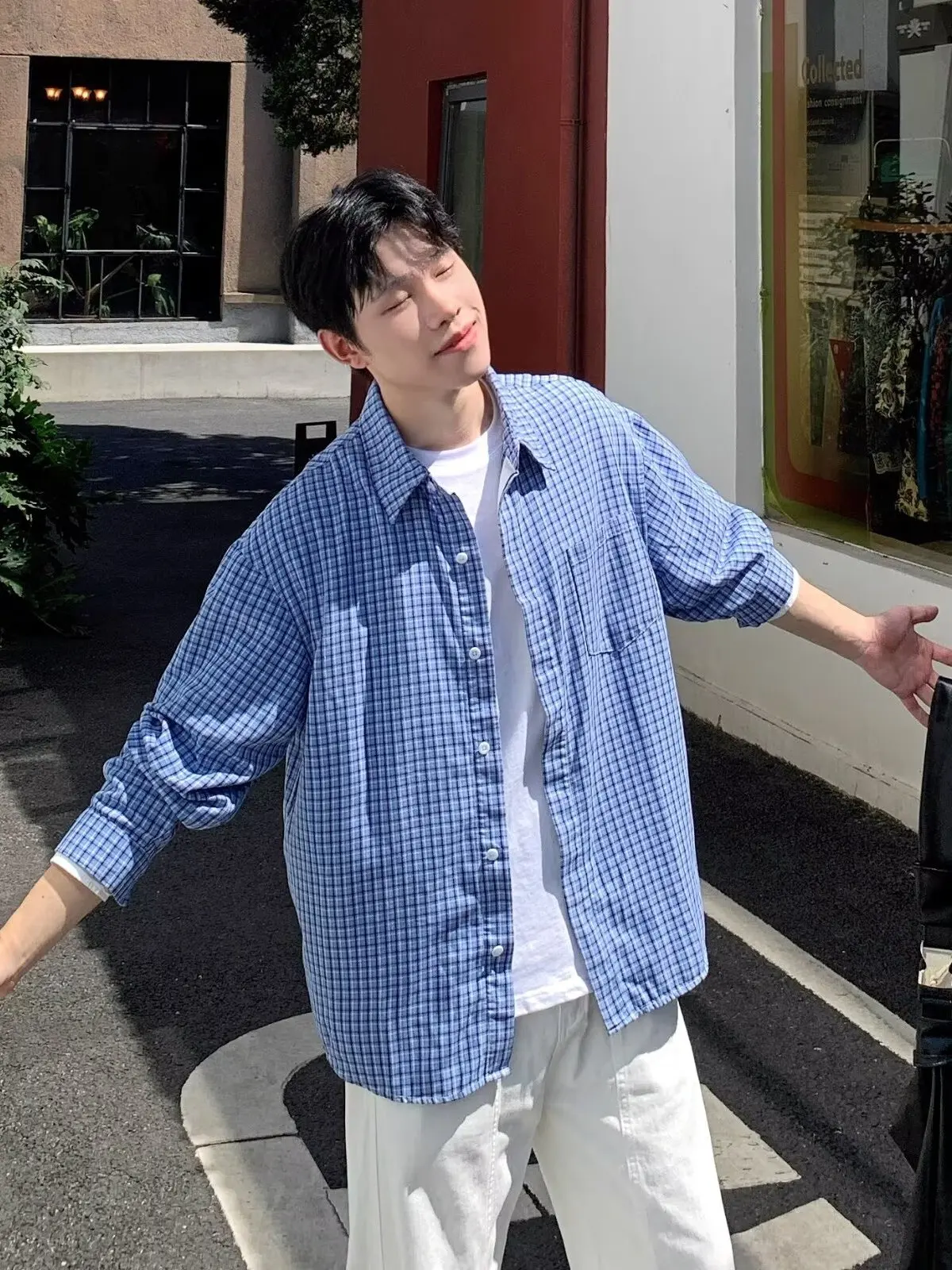 

Мужская удлиненная куртка в синюю клетку, в американском ретро-стиле, весенне-осенняя, дышащая, из полиэстера, молодежная мода