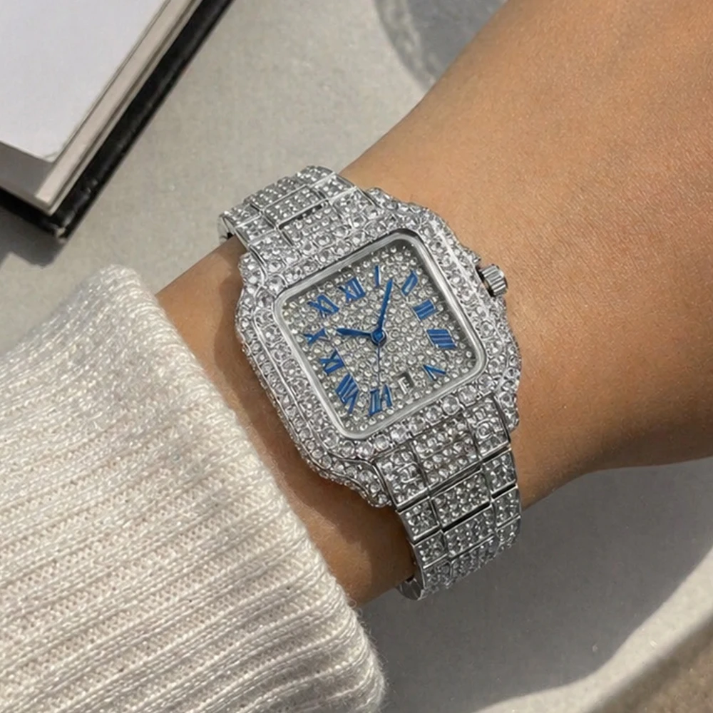 Square Women's Watch Elegant Blue Ponit Luxury Diamond Iced Fashion Blue Number Classic Design Watches For Ladies Dropshipping