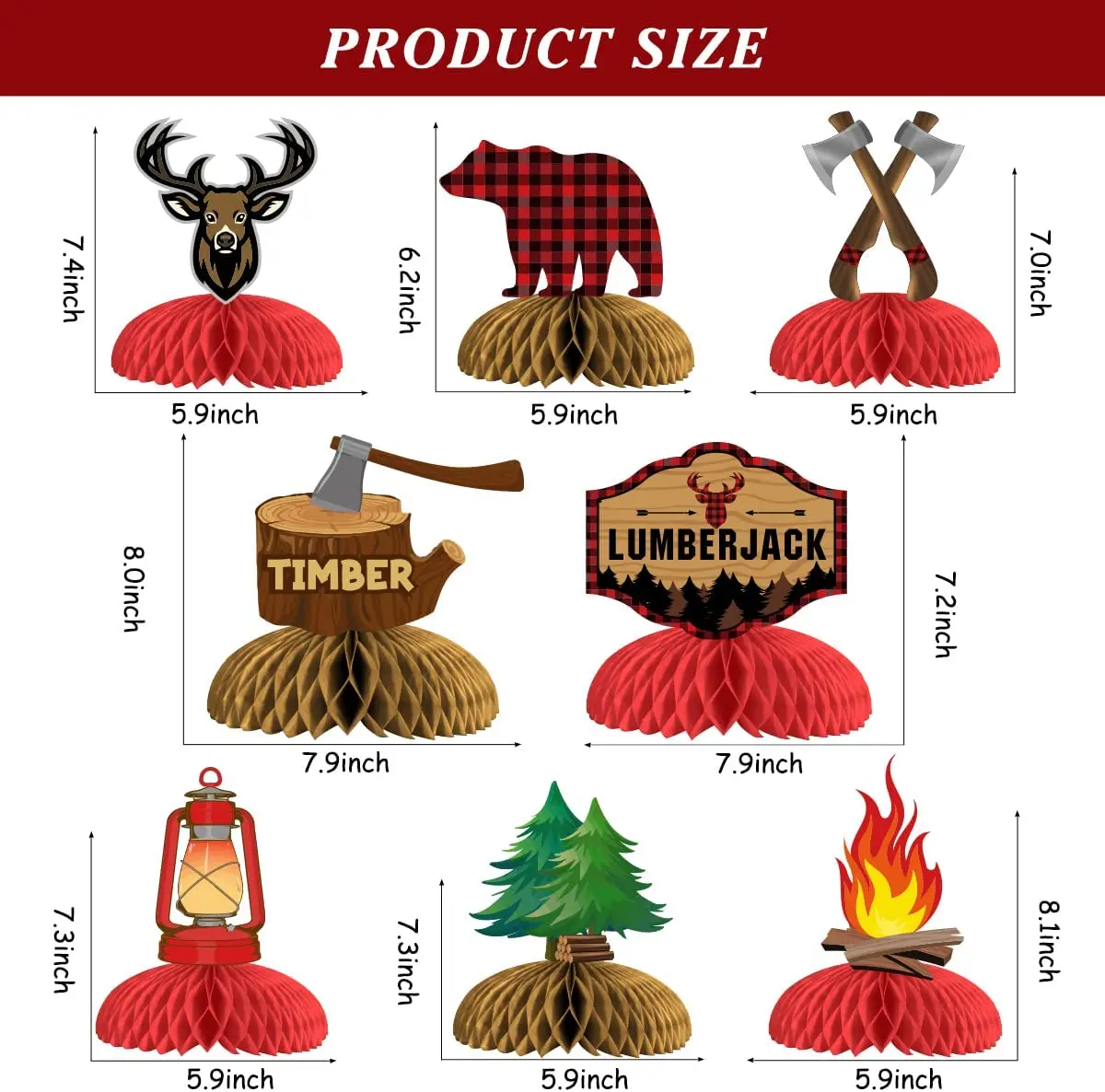 8PCS Lumberjack Buffalo Plaid Honeycomb Centerpieces Campfire 3D Table Honeycomb for Camping Birthday Party Baby Shower Decor