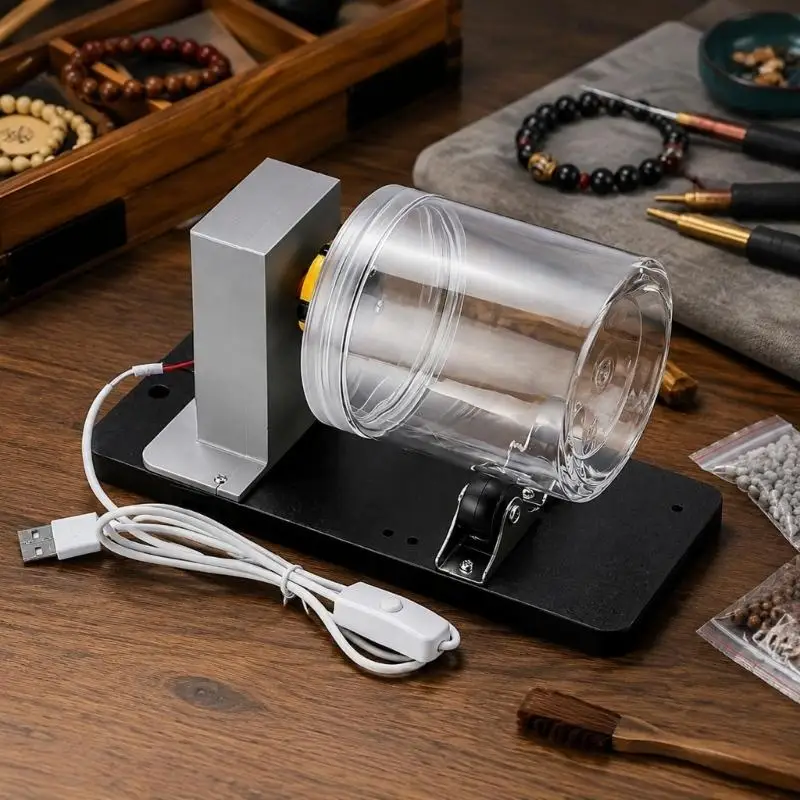 USB-Powered Drum Polisher with Variable-Speed Control, Clear Viewing Drum, and a Flat Base with Roller Support for Desktop D2RD