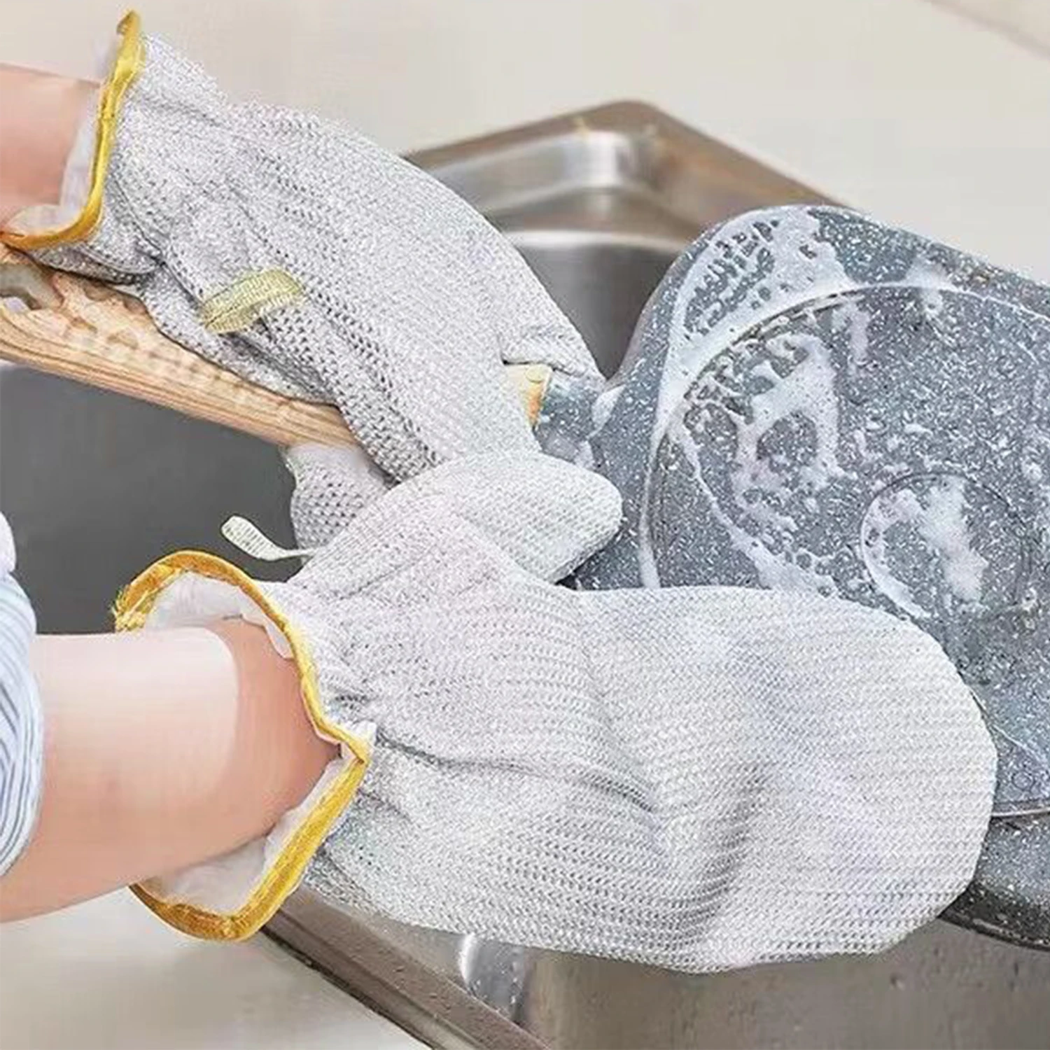 Housework Cleaning Gloves Steel Wire Ball Dishwashing Gloves Waterproof Brush Oil Bowl Artifact Household Cleaning Silver Glove