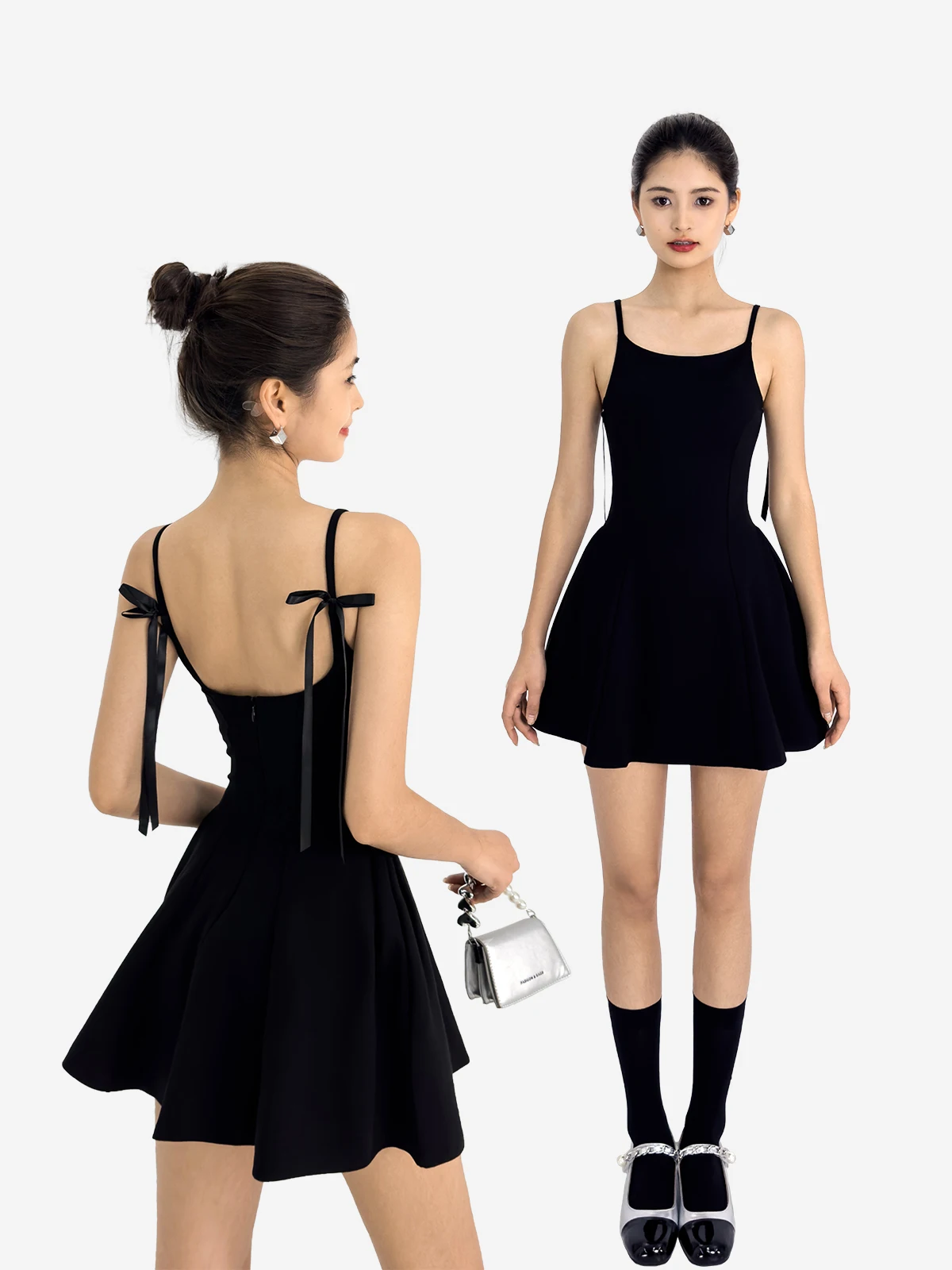 French Hepburn Style Solid Sling Dress Women's Summer Ribbons Sleeveless Waist Cinched Short Style A-line Mini Dress D327