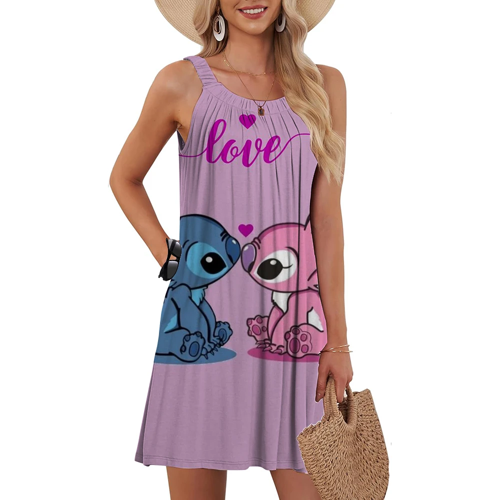 Robe d'été pour femmes, T-shirt décontracté, couverture de plage, Disney Lilo & Stitch, camisole plissée, dos nu