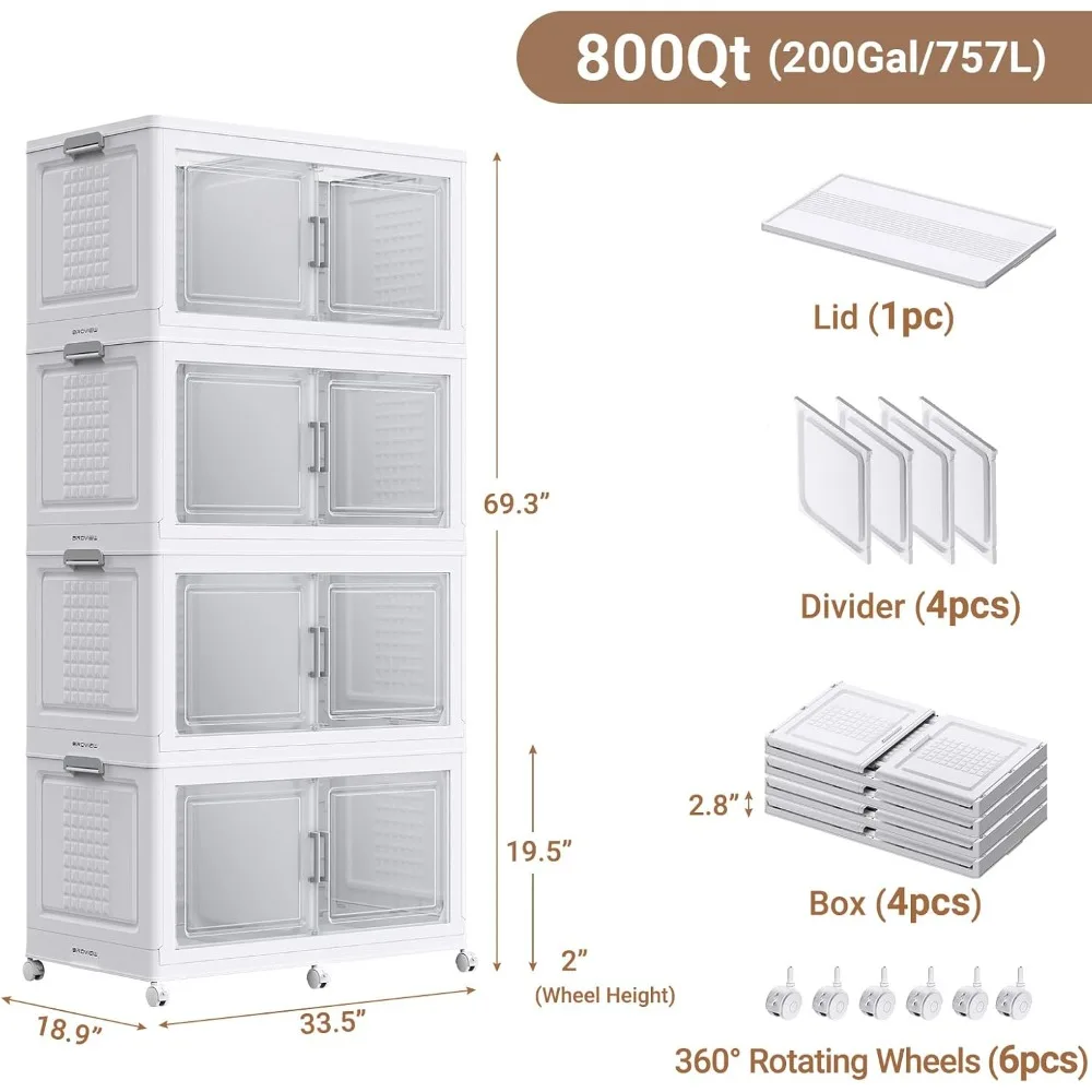 200ガロンプラスチック収納ビン、蓋と車輪付き、4パック特大積み重ね可能な収納ビン、仕切り付き、クローゼットオーガナイザーとS