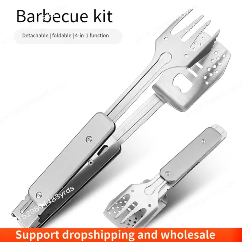 

AA86 4 In 1 Stainless Steel BBQ Barbecue Tool With Spatula, Fork, Tongs And Bottle Opener For Hiking Camping