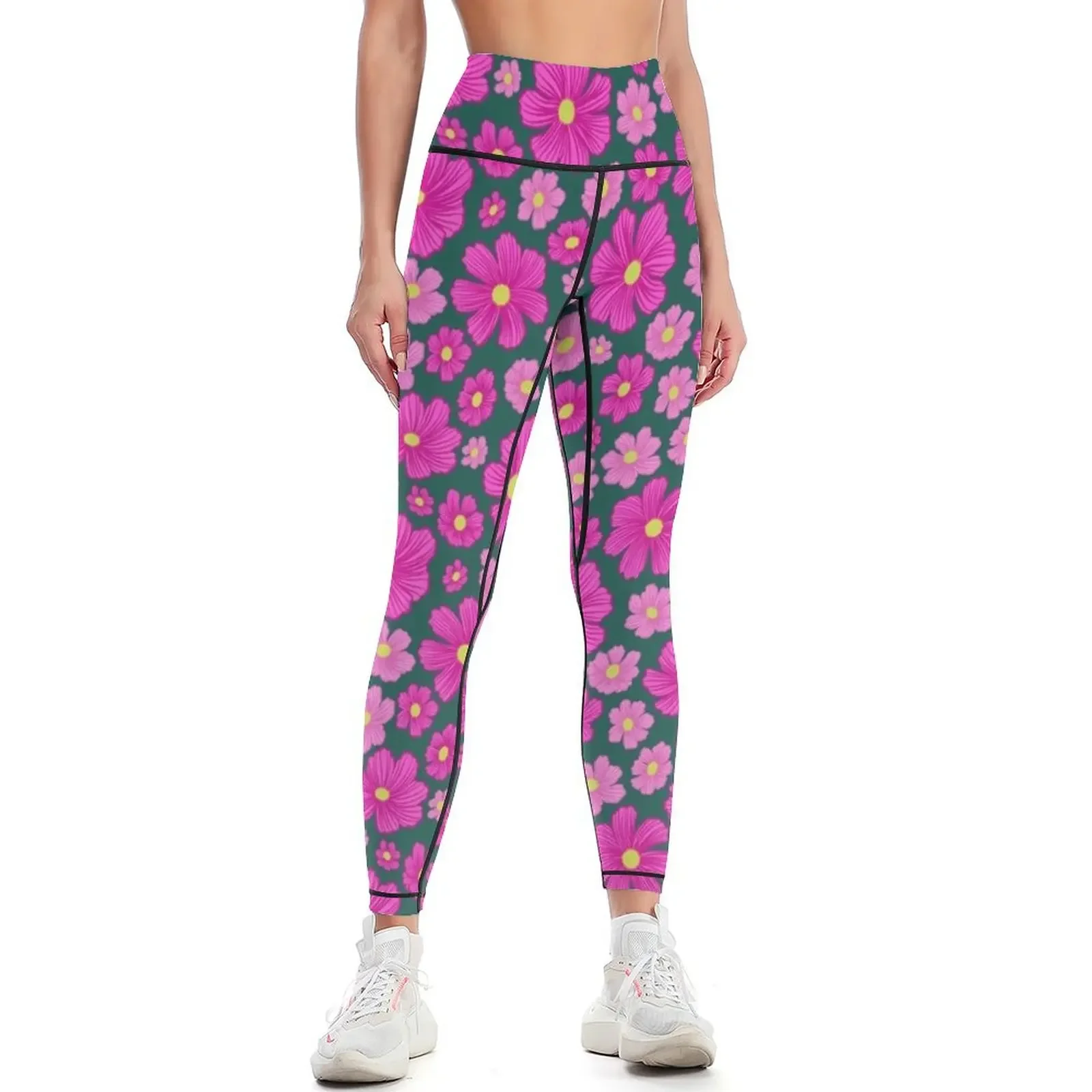 

Pink and Fuchsia Cosmos Flower Pattern Leggings Jogger pants gym sportswear woman gym clothing Womens Leggings