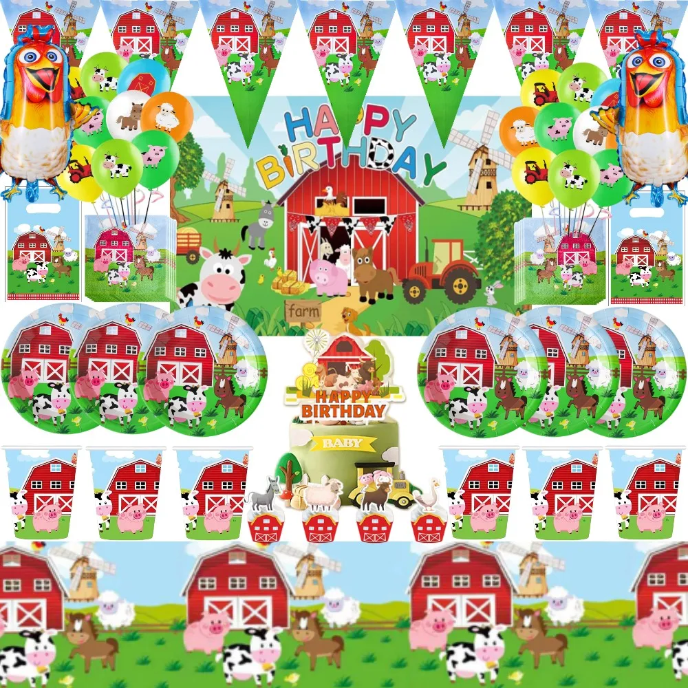 

Farm Animals Party Decoration Balloons Cartoon Cow Chicken Pig Paper Tableware Backdrop Baby Shower Kids Birthday Party Supplies