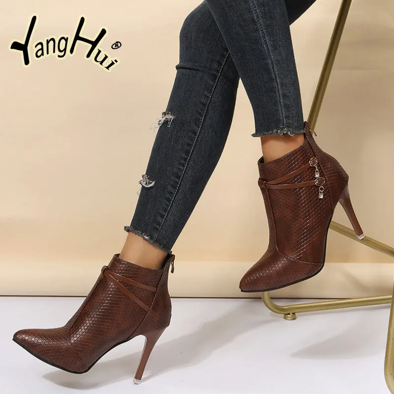 2023 Winter Shose for Women Fashion Pointed Zipper Stiletto Heels Ankle PU Sexy Versatile Shoes Botas Mujer Invierno