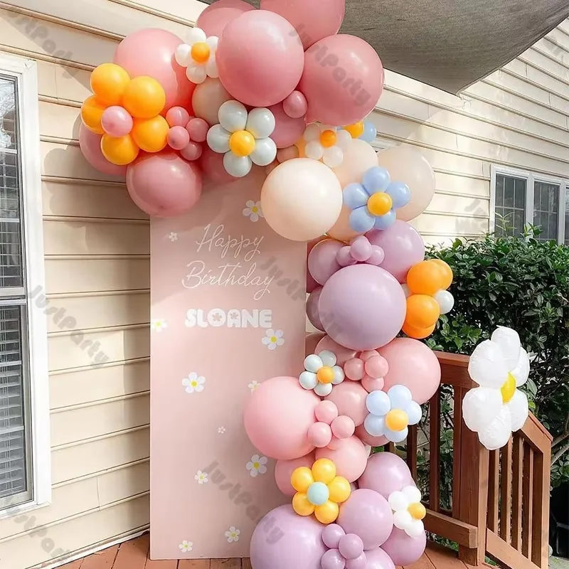 147pcs Daisy Flower Balloon Garland Kit Dusty Peach Pink Two Groovy Balloon Arch Pastel Balloons Boho Birthday Baby Shower Decor