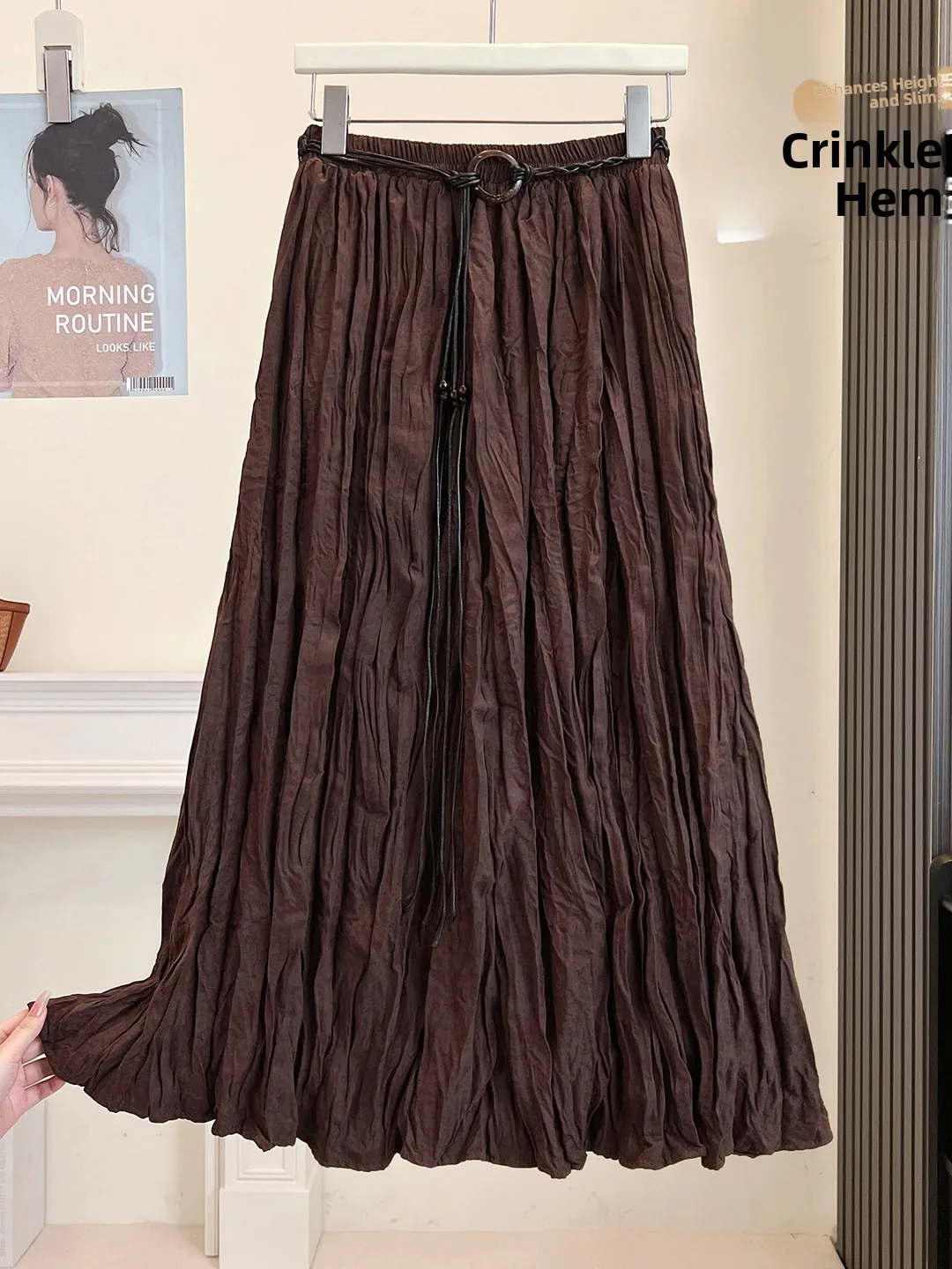 Loose Women's Midi Skirt Autumn New Vintage Lazy Style A-Line Long Skirt Pleated Big Hem High Waist Elastic Waist Korean Style