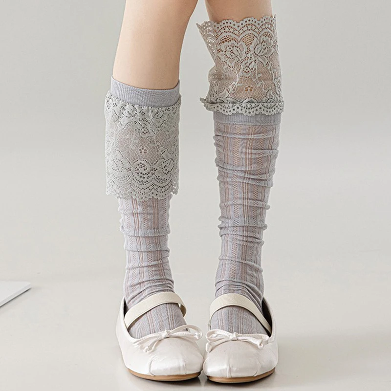 Słodkie wzburzone pończochy na łydki damskie w stylu japońskim koronkowe Lolita cienkie wygodne skarpetki na łydki w jednolitym kolorze