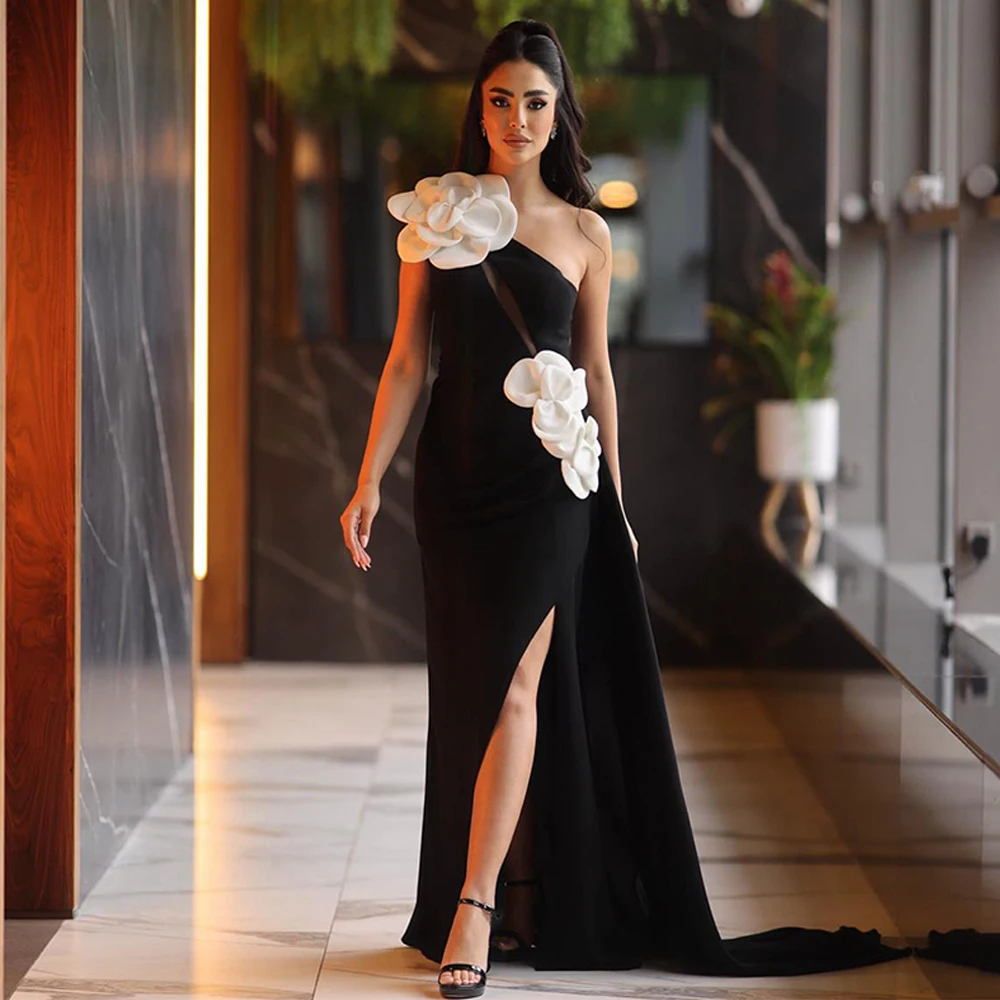 Saudi Evening Dress One Shoulder Sleeveless Ivory Flowers High Slit Mermaid Prom Gown Simple Dubai Party Dresses فساتين سهرة