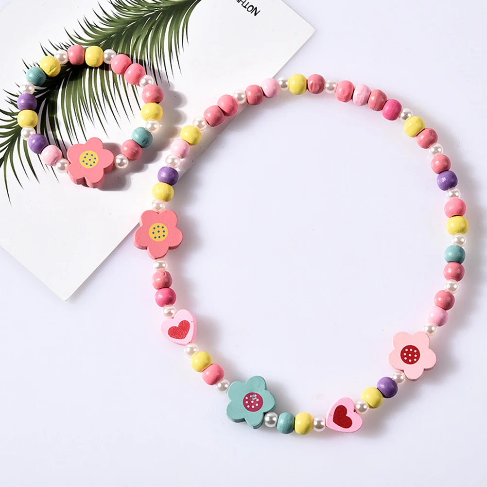 

Children Wooden Necklace Bracelet Flowers Heart Shape Cartoon Kids Jewelry Set Long Lasting Use Birthday Gifts