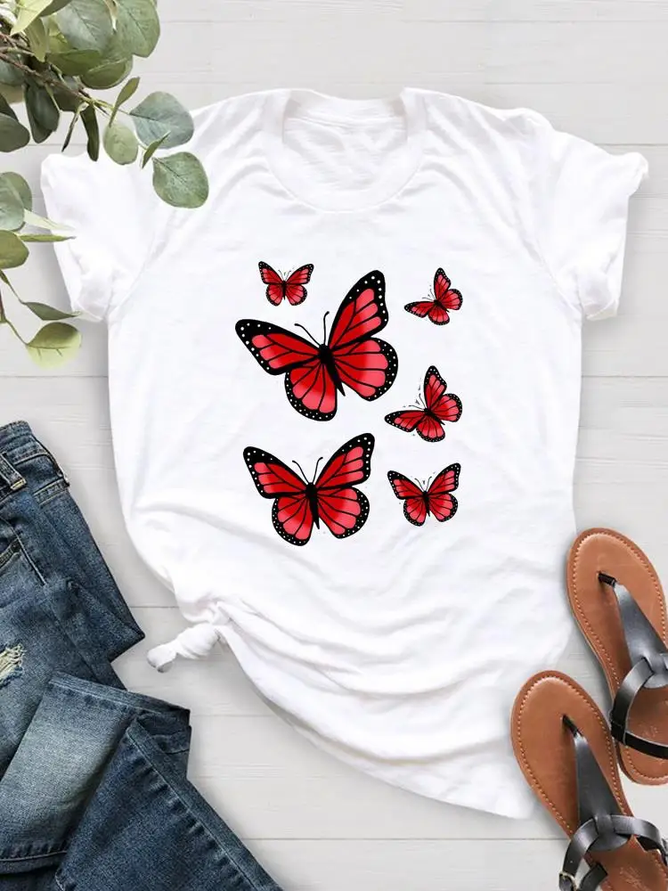 

Butterfly Lovely Trend Style Print T-shirts Women Casual Female Short Sleeve Ladies Fashion Clothing T Clothes Graphic Tee