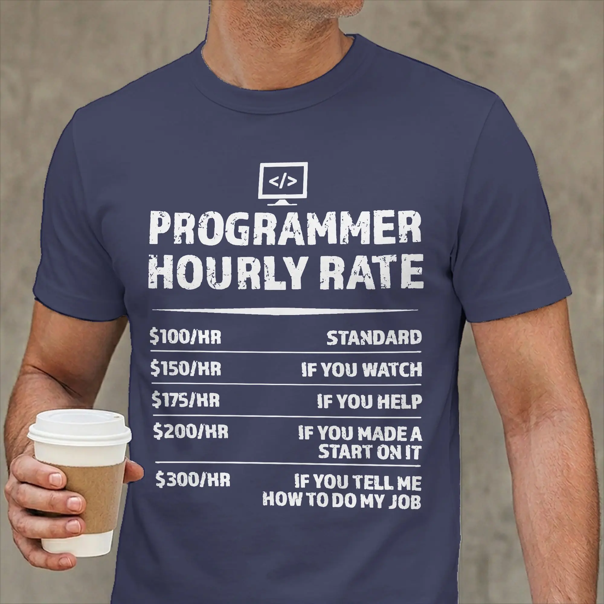 Men T-Shirt Programmer Hourly Rate Funny Coding Humorous Cotton Tee Shirt Short Sleeve  T Shirts Crew Neck Clothes New Arrival