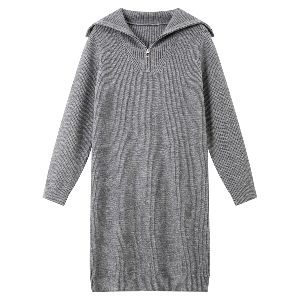 VIMLY ชุดเดรสไหมพรมผู้หญิงสีเทาแบบซิปครึ่งตัว สไตล์ลำลอง สำหรับฤดูใบไม้ร่วง 2025 รุ่นใหม่ ปกเสื้อพับได้ แขนยาว ความยาวปานกลาง ชุดเดรสไหมพรมผู้หญิง รุ่น 75193