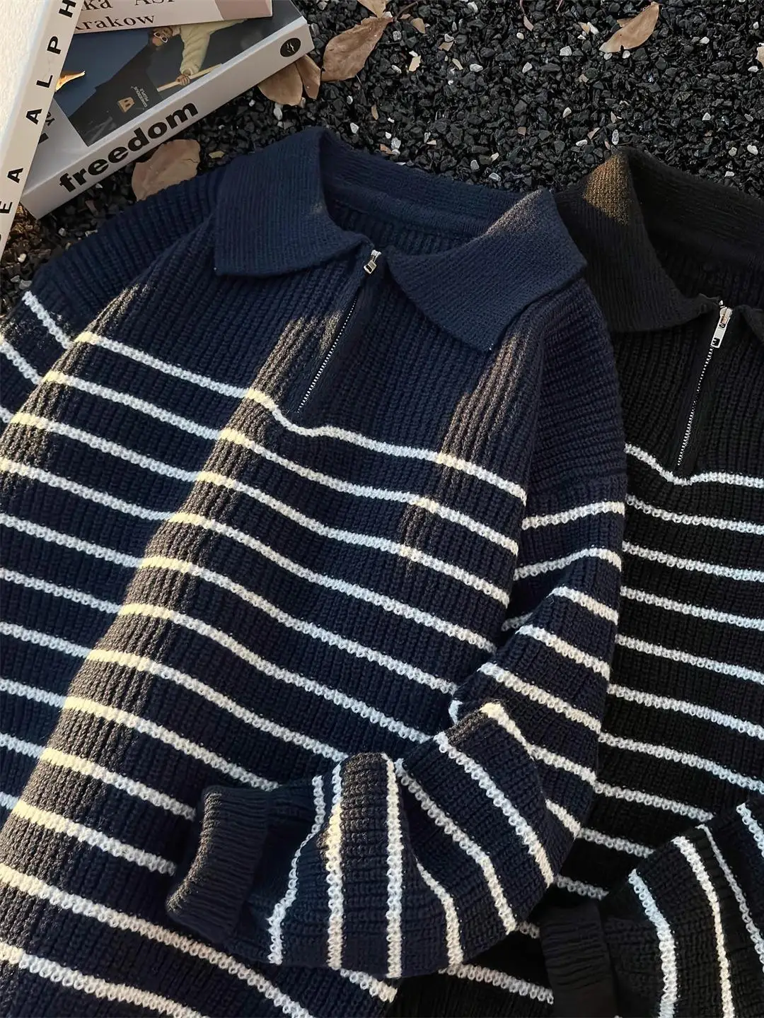 

Casual Ne Knitwear for Men Loose Fit Striped Color Blo Autumn Winter New Sle Japanese Retro Men's Long Sve Top