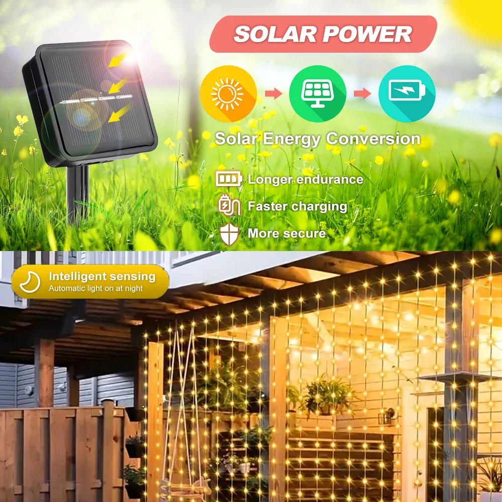 300 LED Solar Courtyard Curtain Lights Outdoor Waterproof Fairy String Lights With 8 Modes for Garden Window Bedroom Wedding image 3
