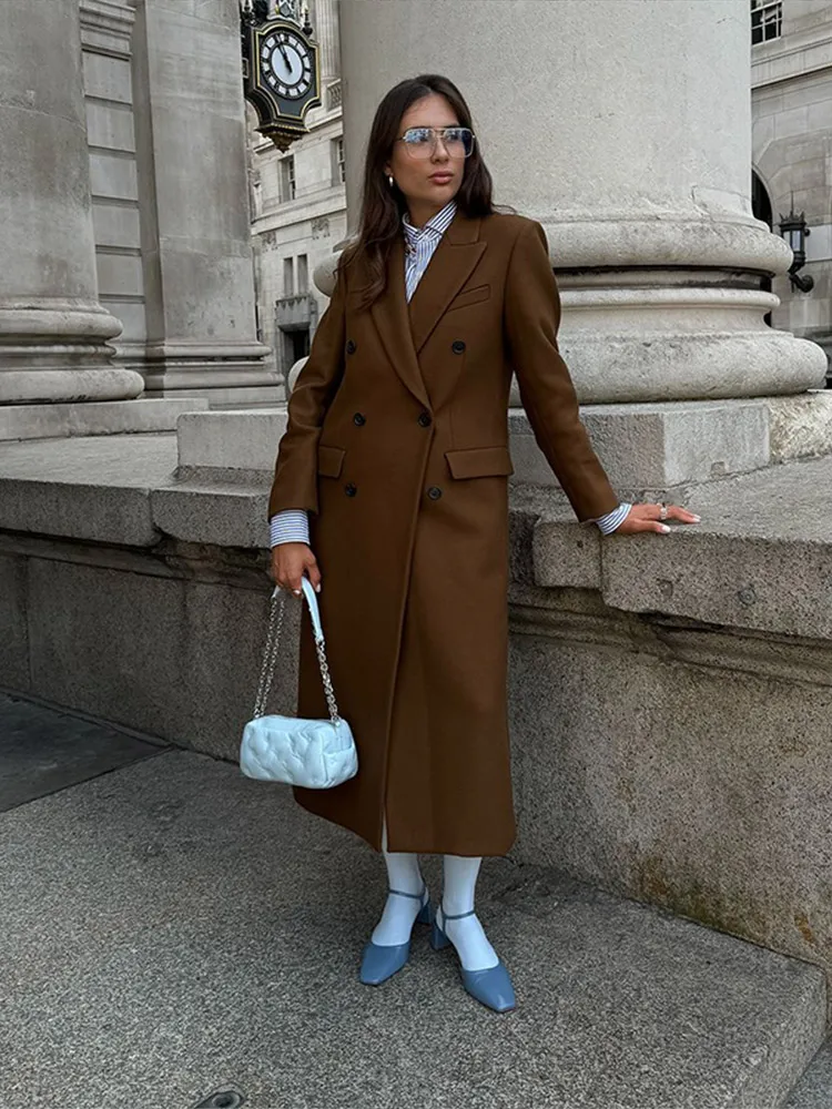 Manteau long à double boutonnage marron vintage pour femmes, revers élégant, manches longues, dos fendu, pardessus, vêtements d'extérieur de rue pour dames, mode automne