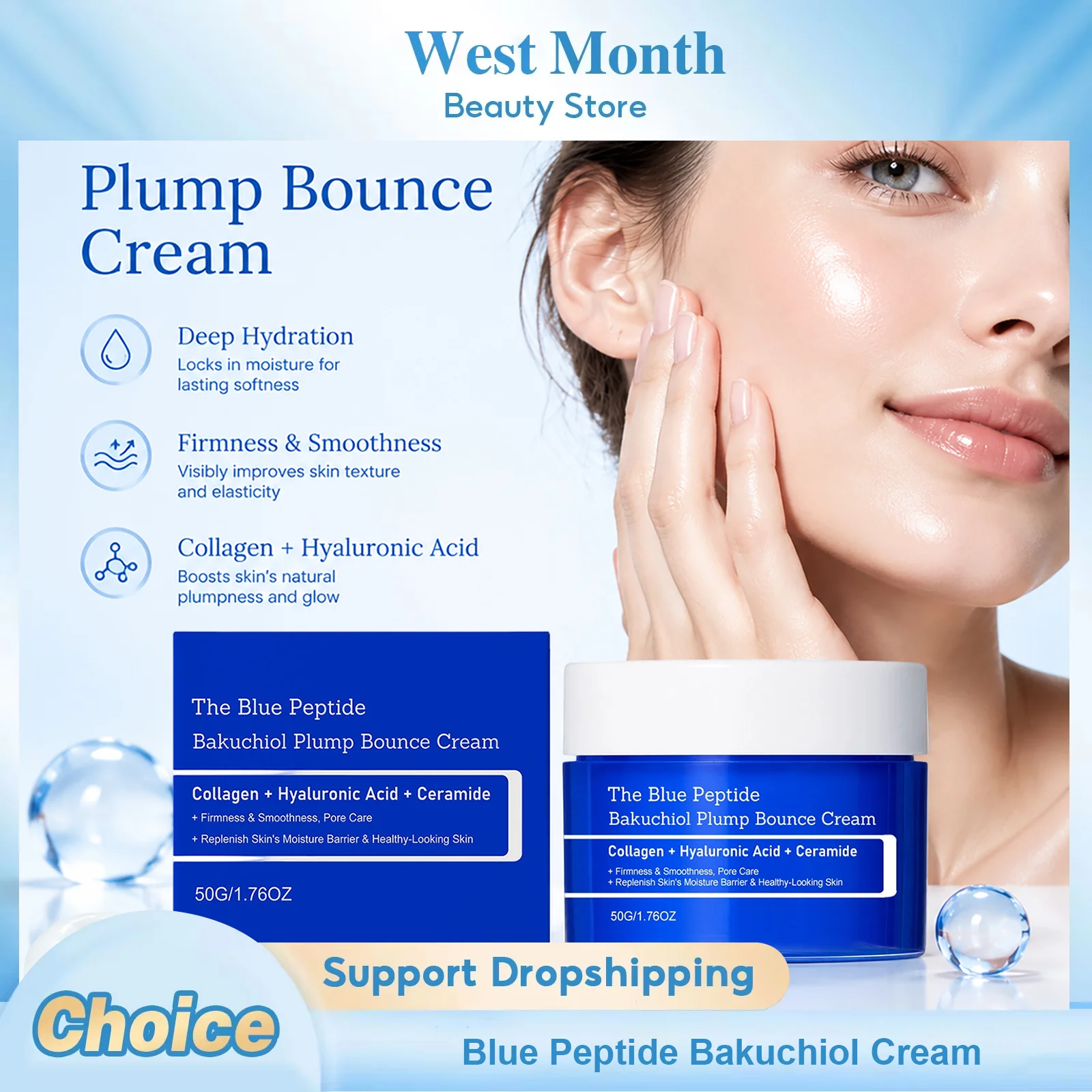 Blue Copper Peptide Bakuchiol Face Cream Improve Skin Sagging Boosting Elasticity Deep Hydration Lightweight Texture Skin Care