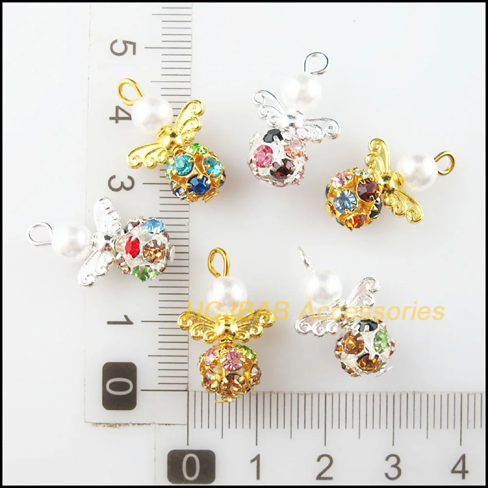 10Pcs Silver Plated & Gold Color Colored Crystal White Angel Charms Pendants 14x22mm