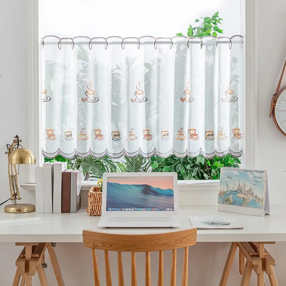 Short Curtain Strong Light Filtering Fast Drying Drape Fine Embroidery Valance Lace Hem Window Gauze Room Decor Bedroom Supply