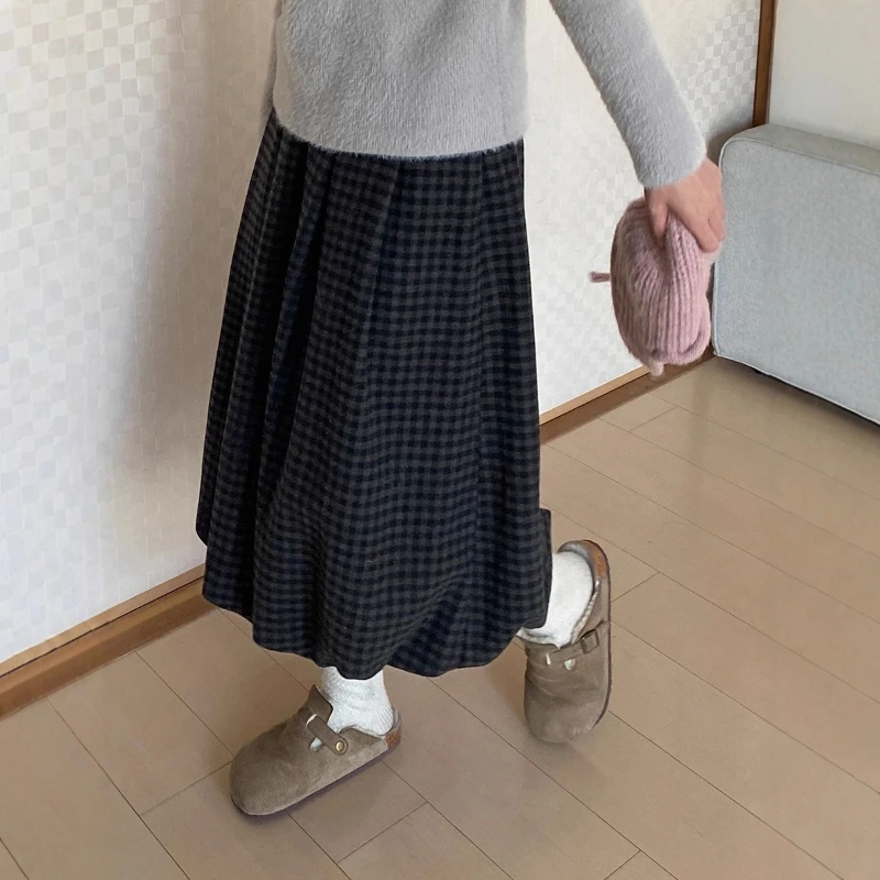 Korean Fashion Vintage Kawaii Plaid Tweed Bubble Hem A-Line Maxi Skirt Elastic Waist Autumn Winter Cute Long Skirts for Women