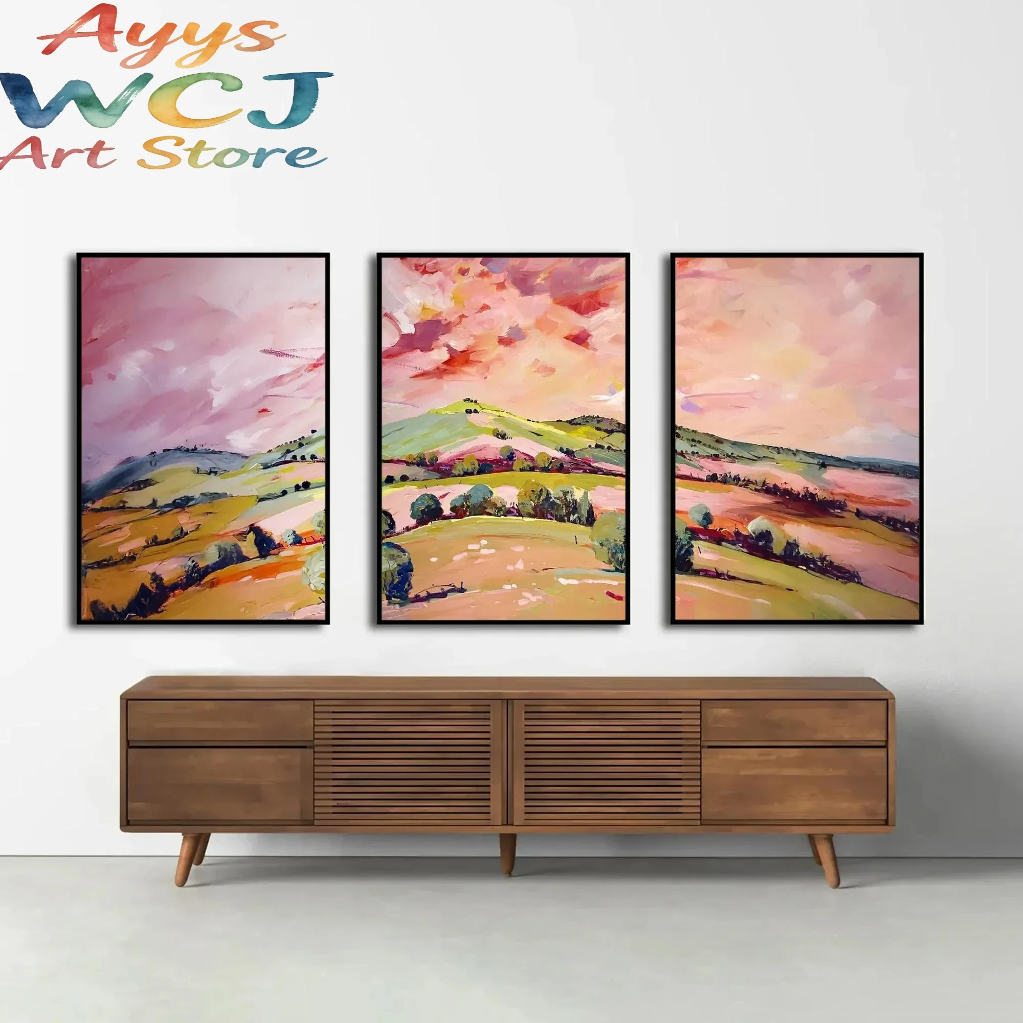 Pink Landscape Wall Art Set of 3, Cottagecore Country Prints, Pastel Farmhouse Decor, Large Triptych, Trendy Retro Wall Art