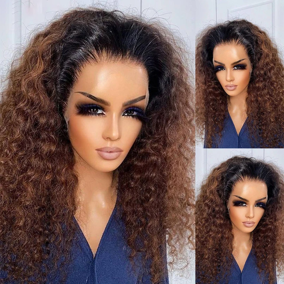 Soft 26 "Long Ombre Honey Blonde Brown 180Density Kinky Curly Lace Front Wig For Black Women BabyHair Glueless Preplucked Daily