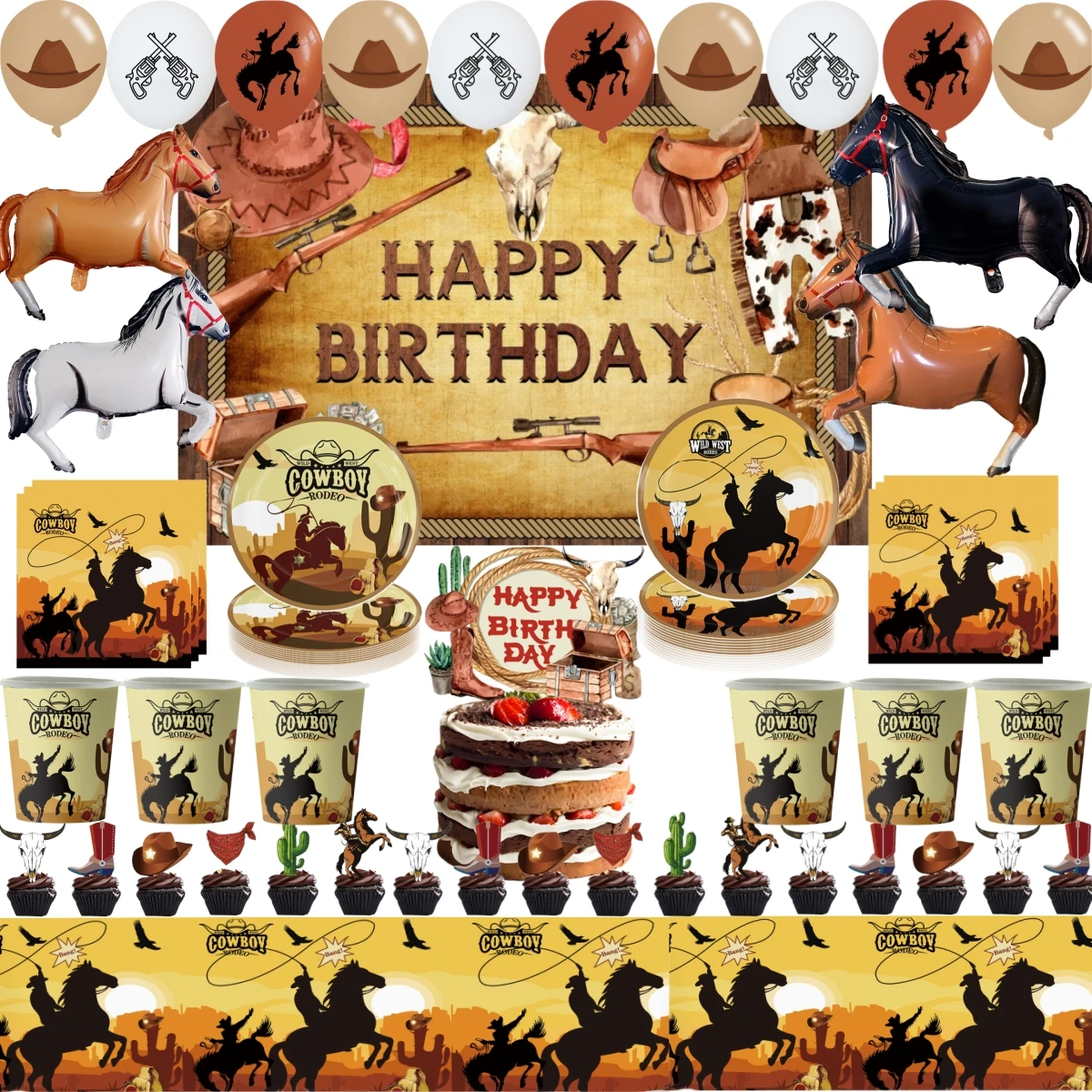 Western Cowboy Birthday Decorations Disposable Tableware Cup Plate Tablecloth Balloon Dackdrop Horse Balloon Boys Party Supplies