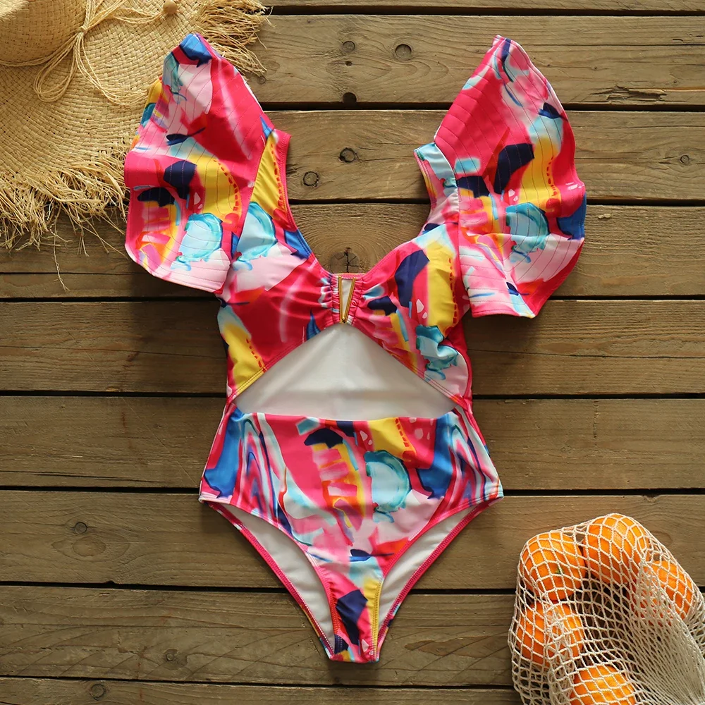 2025 جديد مثير كشكش التعادل يموت طباعة قطعة واحدة ملابس النساء ملابس السباحة الكتف كشكش ثوب السباحة عارية الذراعين ملابس الشاطئ Monkini