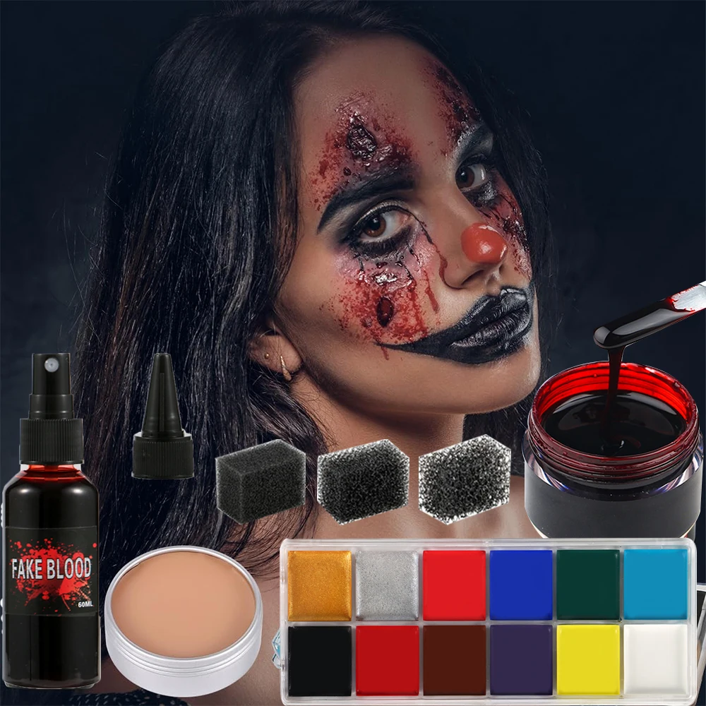 Spezialeffekte SFX Halloween-Make-up-Set – 12-Farben-Gesichts- und Körperbemalungspalette + Narbenwachs mit Spatel-Werkzeug + Kunstblut + Schwamm