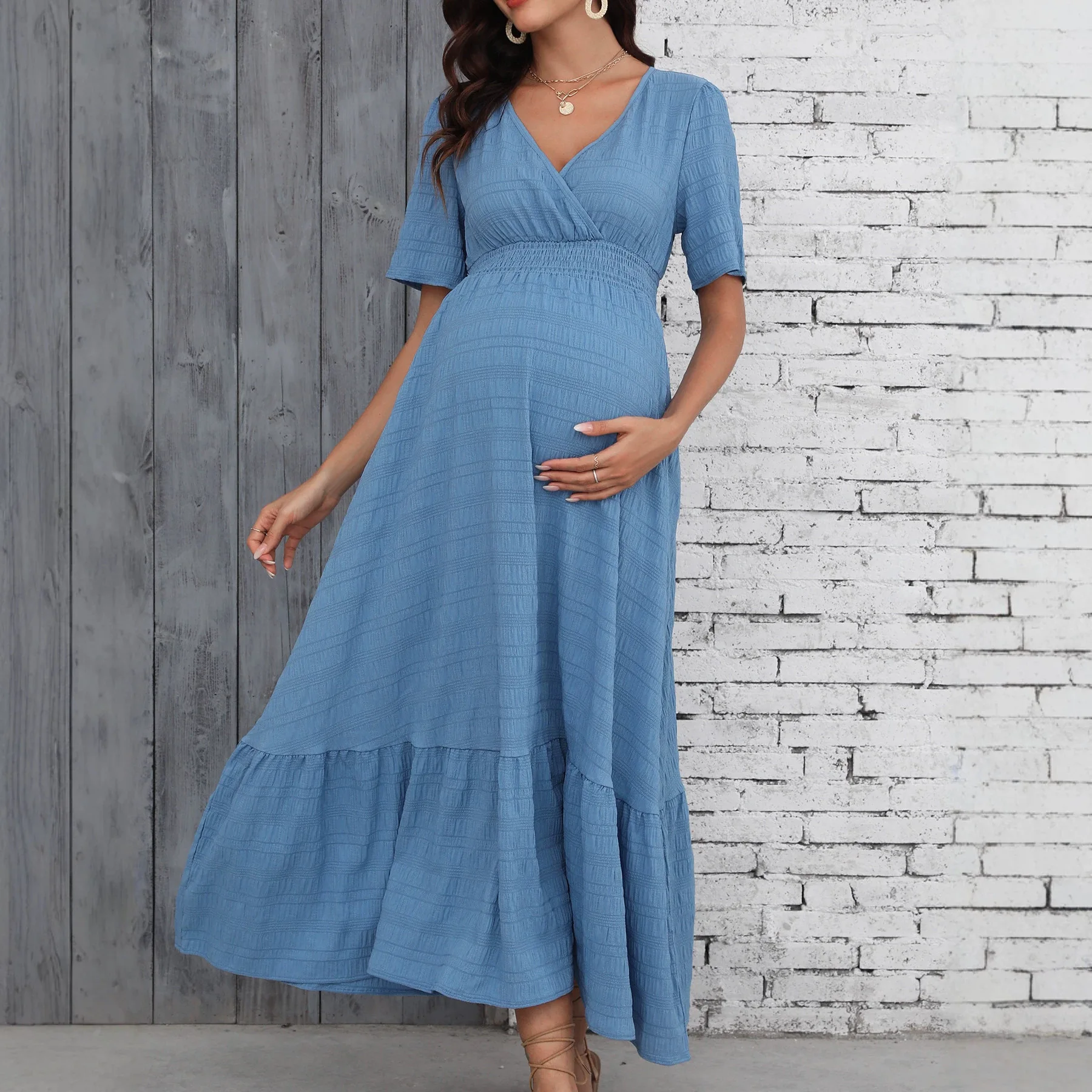 

Pregnant Women Elegant Solid Maxi Dress Maternity Short Sleeve V-neck Loose A-line Dress Summer Casual Pregnancy Clothing