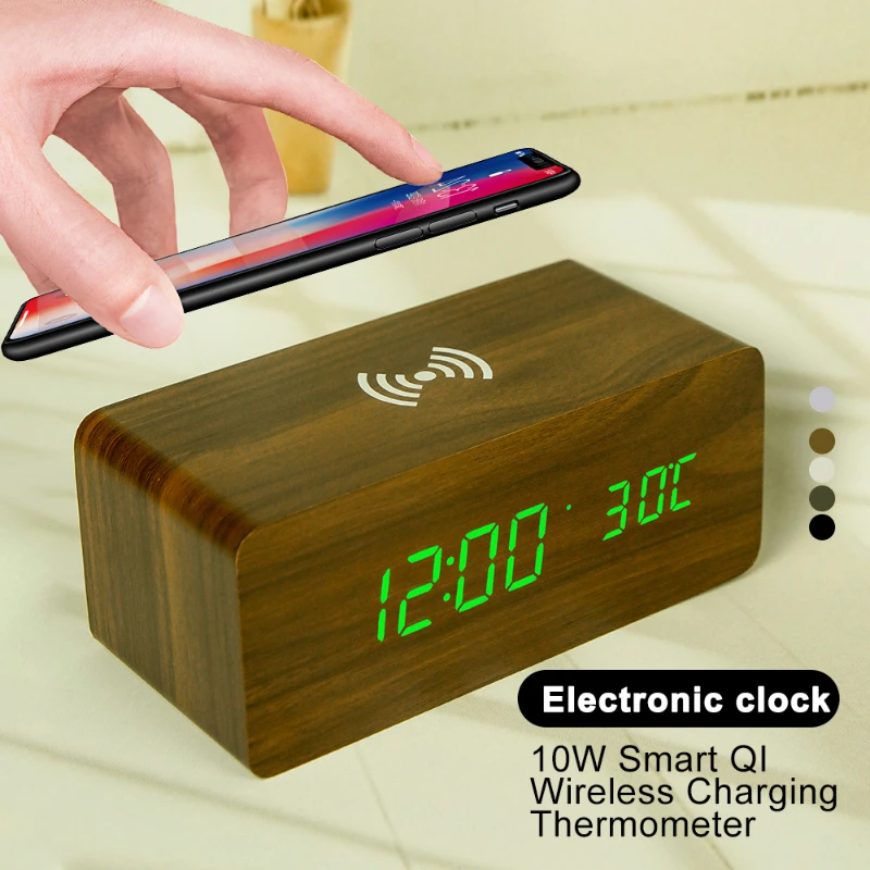 Electronic Digital Clock LED Wood Wireless Charger Bedroom Decor Kids Alarm Clock Room Reveil Reloj Despertador Desk Decoration