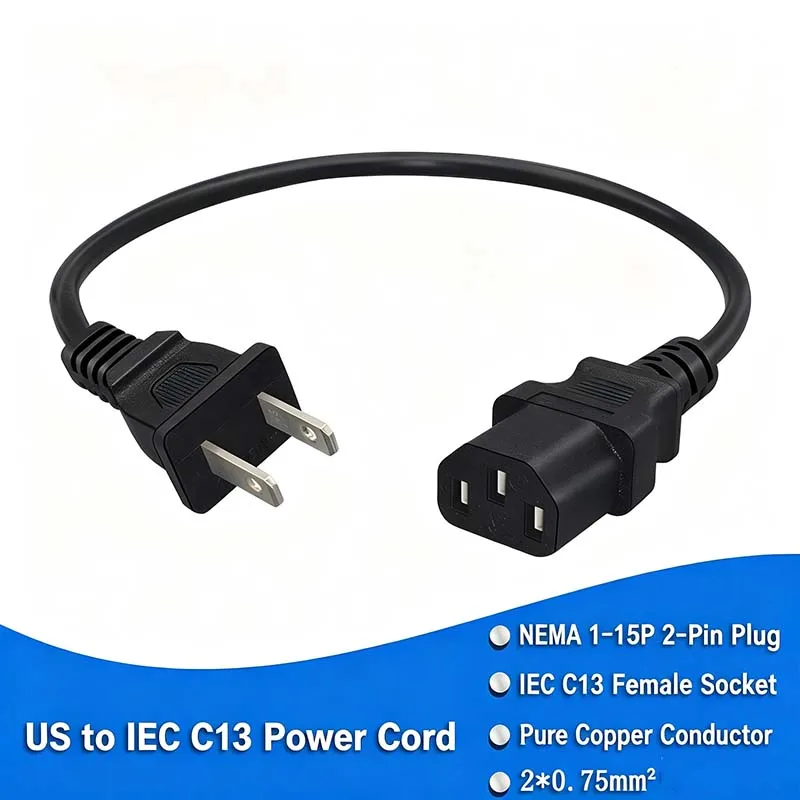 2PCS 0.4M Short US Power Cord NEMA 1‑15P 2‑Pin Plug to IEC320‑C13 Female, Pure Copper Short Power Supply Cable