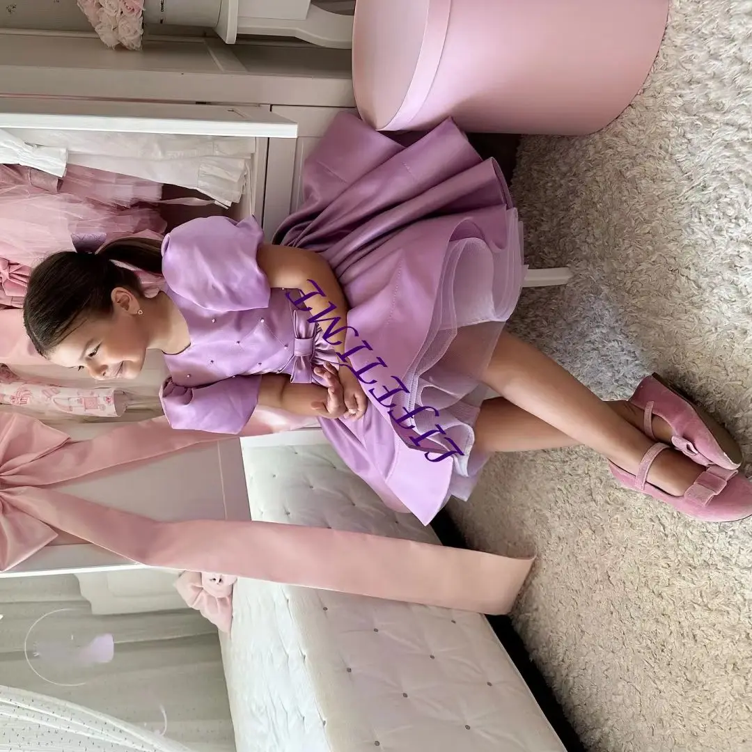 فستان فتاة الزهور الأرجواني المخصص لحفلات الزفاف من الساتان واللؤلؤ الصغير منتفخ بطول الركبة فستان الأميرة للأطفال لأعياد الميلاد الأولى بالتواصل #1