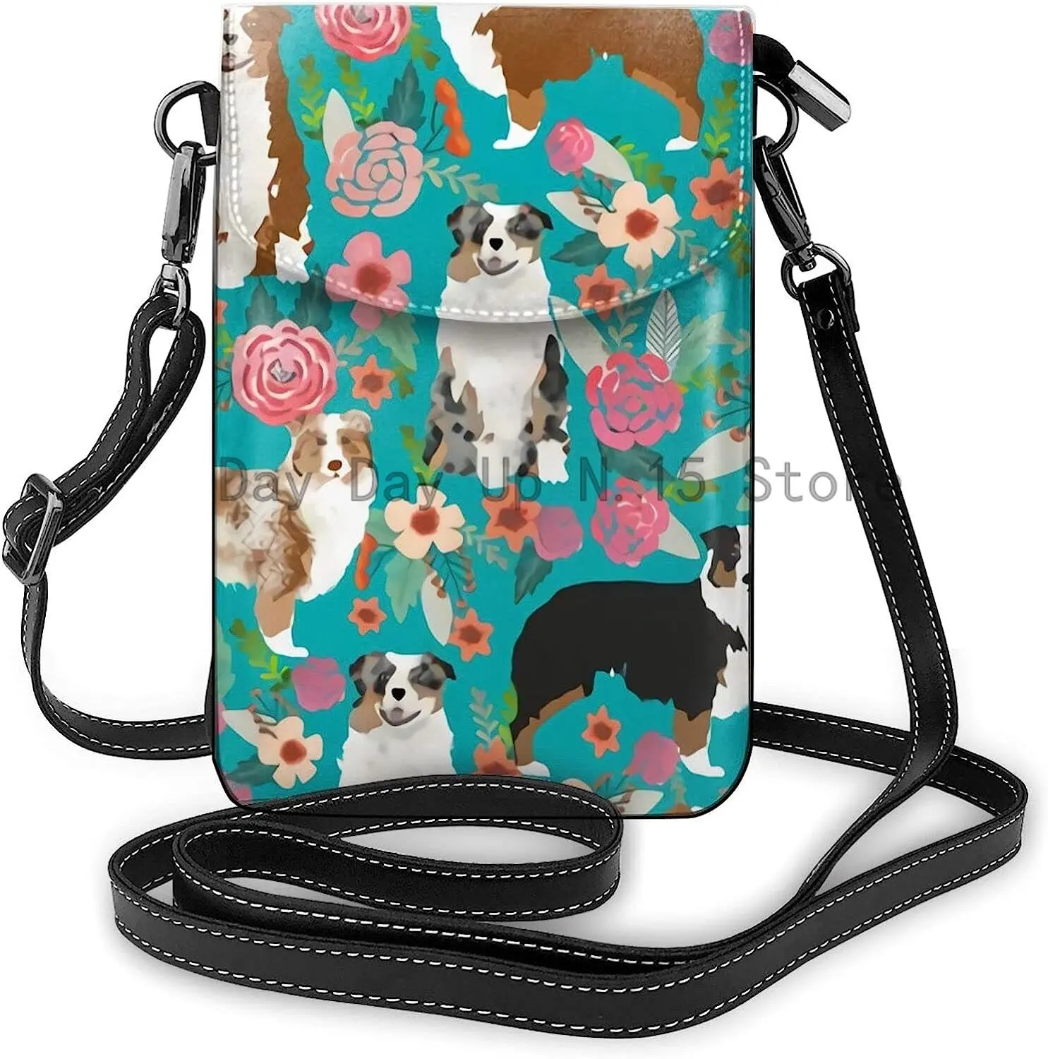 Australian Shepherd Dogs Flowers 1 Crossbody Cell Phone Purse Women PU Crossbody bag Small crossbody wallet purse