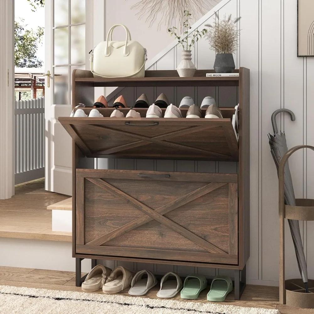 

Shoe Cabinets, Storage Cabinet with 2 Flip Drawer, Freestanding Organizer with Metal Legs for Entryway, Narrow Shoe Rack Cabinet
