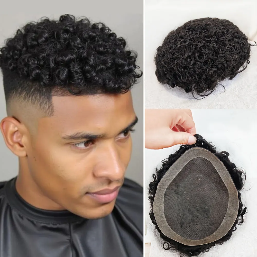 

Indian Remy Human Hair Curl Toupee Kinky 15mm 10x8 Inch Mono Lace PU Men's Hair Piece System Replacement Wigs for Men Black 1B#