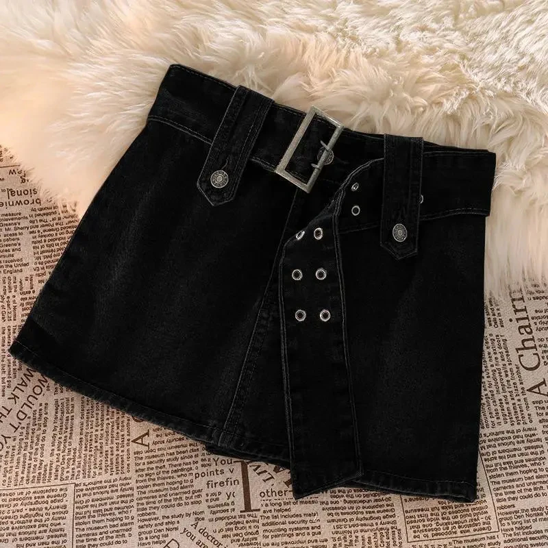 Vintage Women Denim Skirt High Waist Summer Jeans Casual Belt Blue Korean Shorts Skirt A Line Female Mini Skit