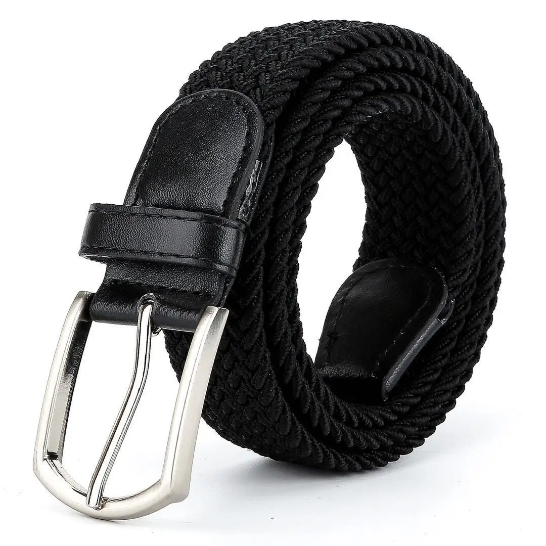 3,3cmX110cmX130cm 2024 Hochwertiger Neuer Elastischer Geflochtener Gürtel für Herren Lässiger Canvas-Gürtel für Damen Koreanischer Allrounder mit Dornschließe Weiß Schwarz – Detail 6