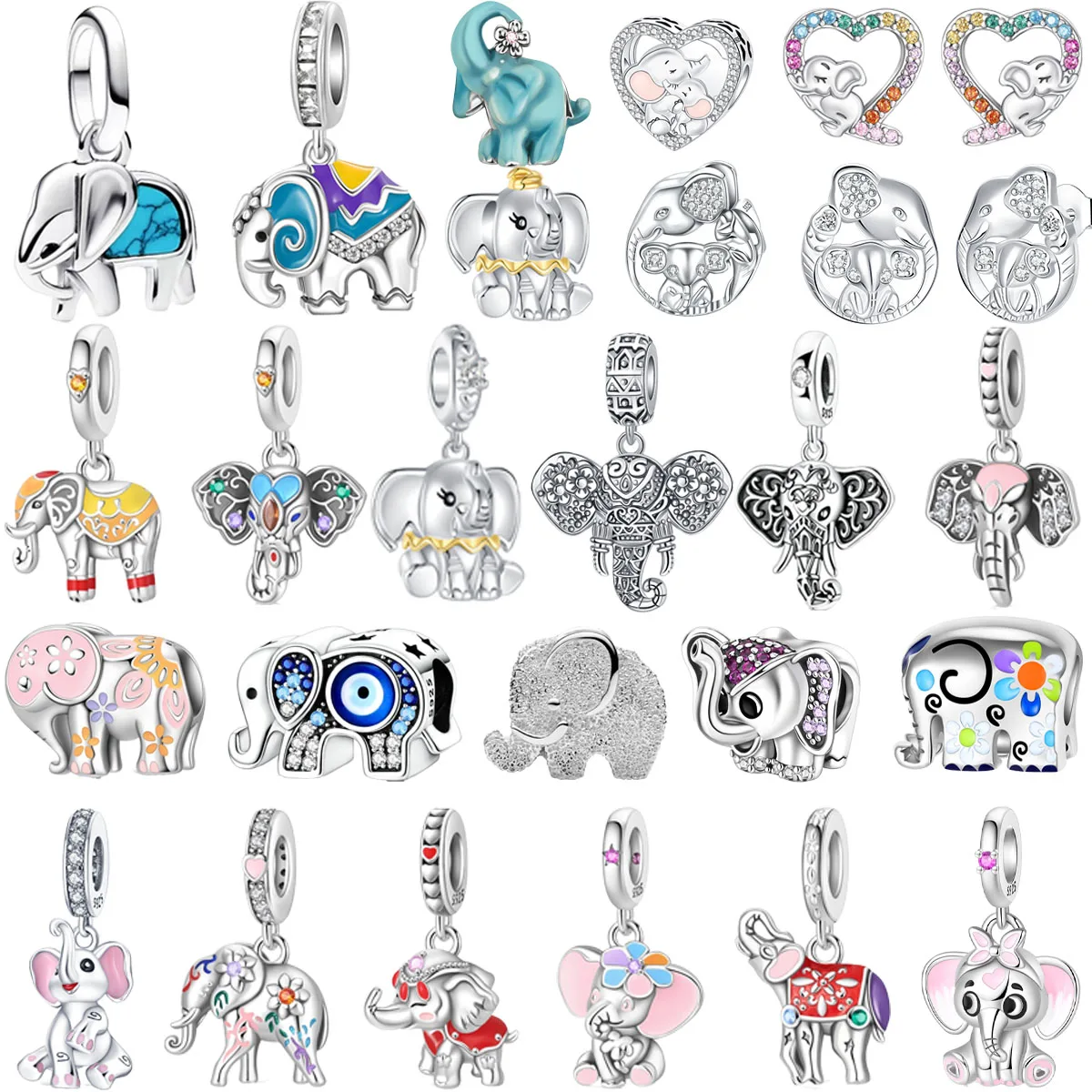 Original 925 Sterling Silver Charms Colorful Elephant Earring Zircon Beads Pendant Bracelets Necklaces Womens DIY Jewelry Gift