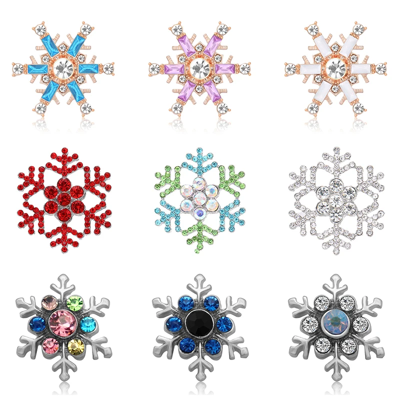 New Beauty Winter Snowflake Crystal rhinestone Christmas metal 18MM snap buttons colorful fit DIY snap jewelry Findings