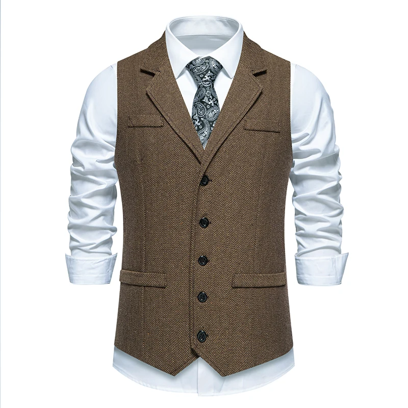 Autumn Men's Lapel Multi-Pockets Vest Fashion Herringbone Coarse Tweed Suit Vest British Casual Vintage Gentleman Leisure Party