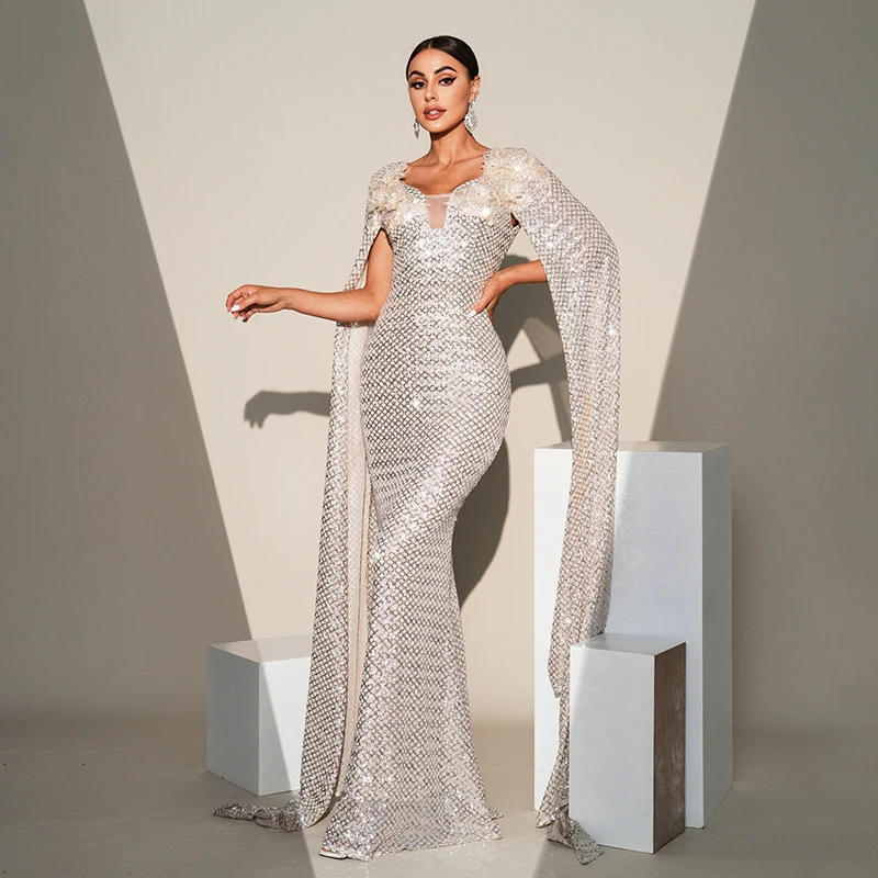 Women Long Sleeve V Neck Elegant Ladies Sequined Formal Occasion Ball Gown Cocktail Prom Party Evening Long Maxi Dresses Female