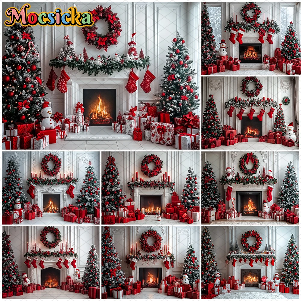 

Mocsicka Christmas Photography Backdrop New Year Party Xmas Tree Fireplace Decorations Family Photo Backgrounds Studio Wallpaper