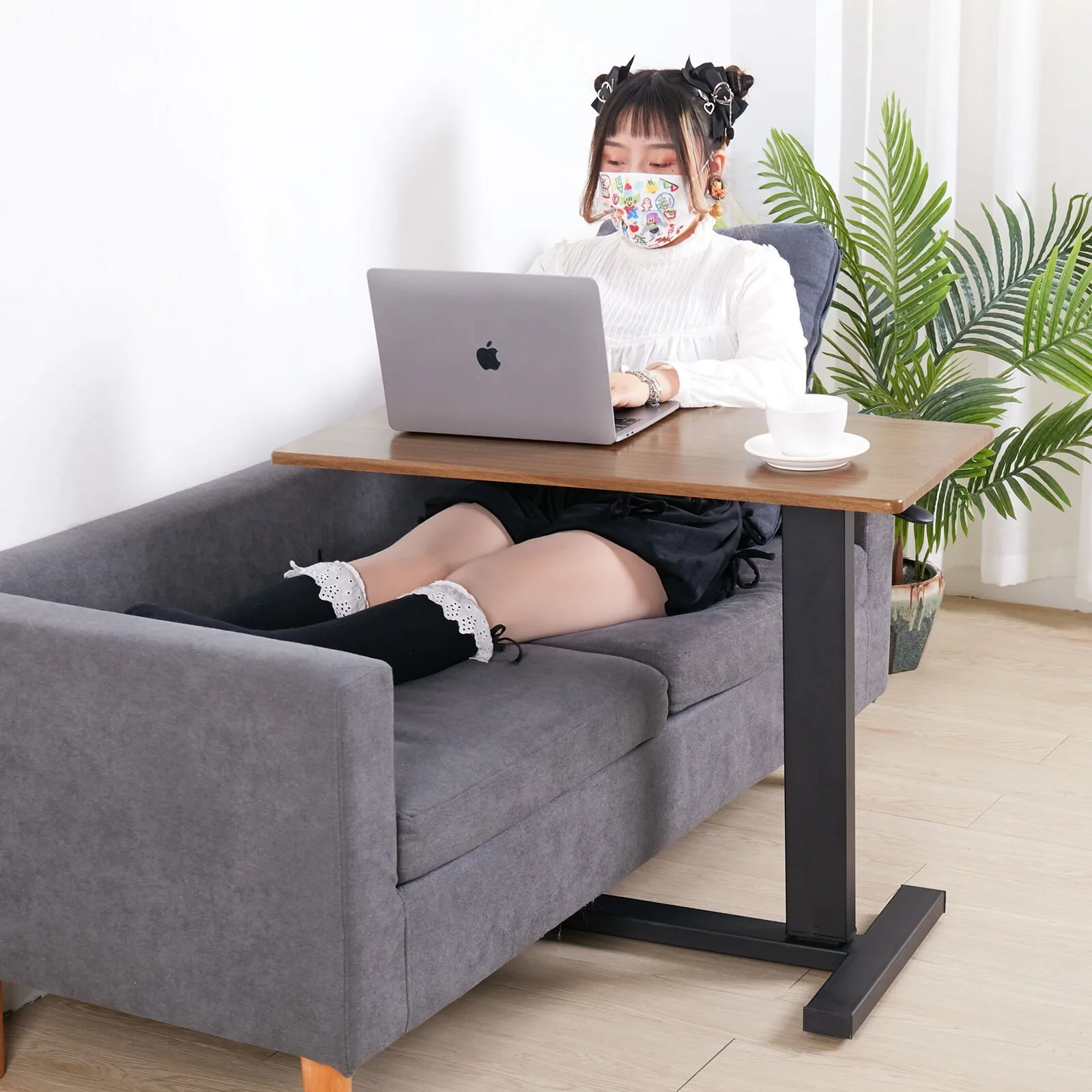 US Large Liftable Rolling C-Shape Laptop Table Coffee Desk Slide Under Sofa Table