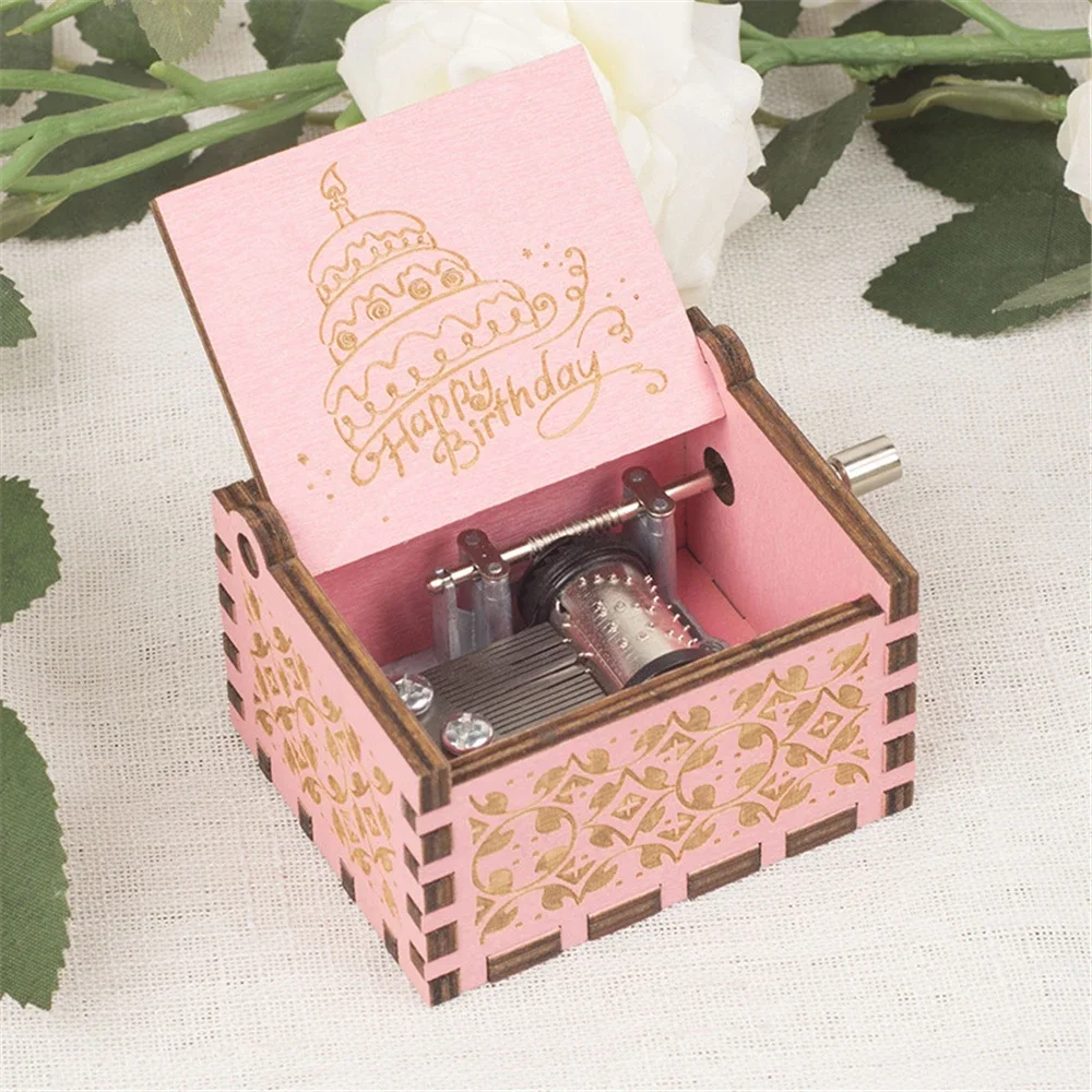 Happy Birthday To You Song Music Box Mini Carved Wooden Hand Cranked Musical Box 18 Tones Birthday Gifts For Children Girlfriend