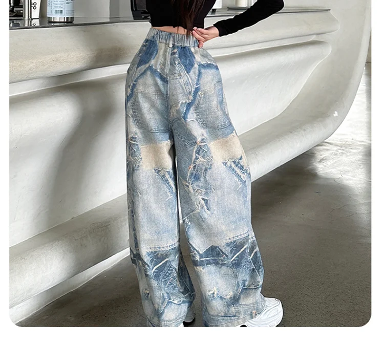 Amerikanischer Stil Mädchen High-Street-Jeans mit Zeitungsaufdruck für Kinder, Gerade, Lose, Weites Bein, Denim-Hosen, Kinder-Y2K-Jeans – Detail 6
