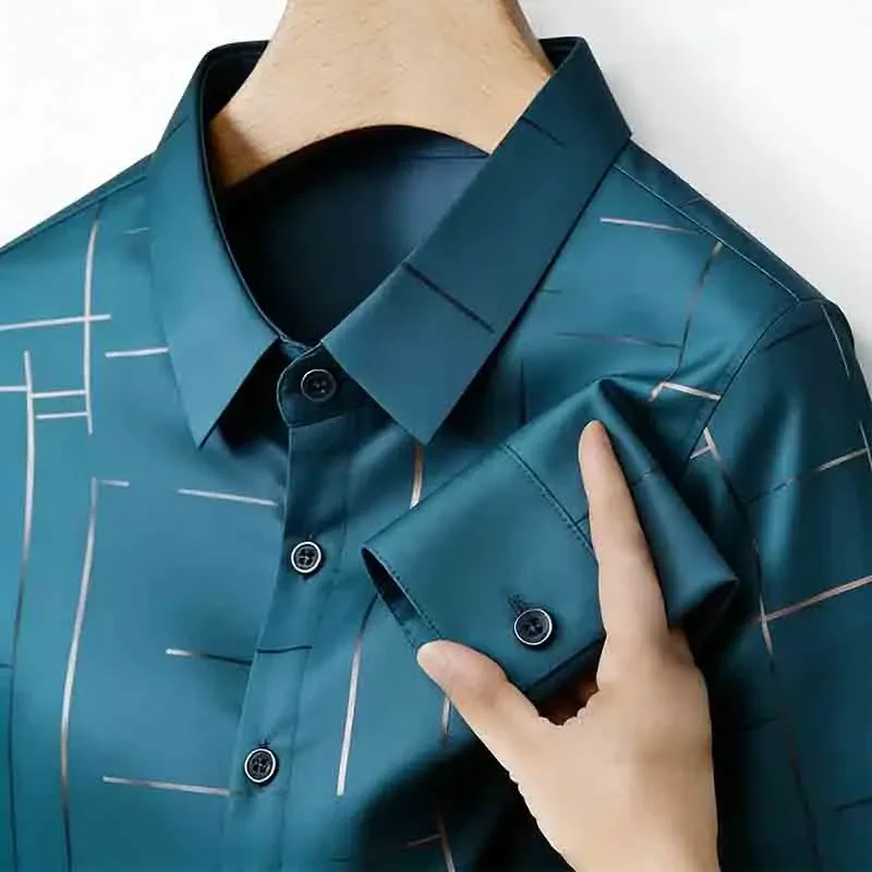 

Мужская модная рубашка с отложным воротником, геометрическим узором, длинным рукавом, на пуговицах, для повседневной носки, деловых встреч и вечеринок, с карманом на груди